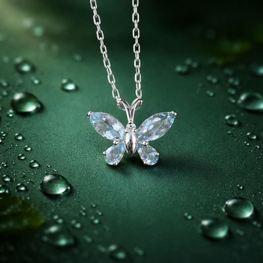 Aquamarine Butterfly Necklace in 92.5 Sterling Silver