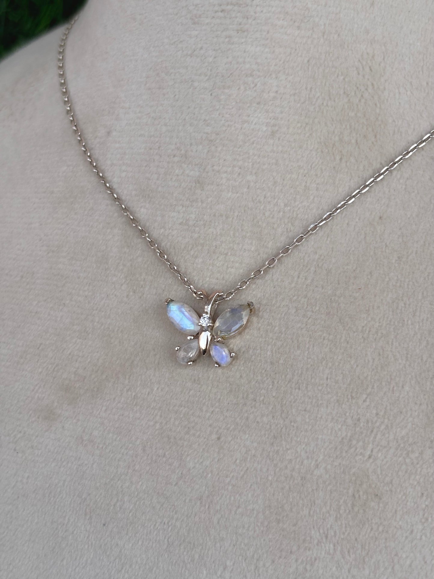 Rainbow Moonstone Butterfly Necklace in 92.5 Sterling Silver