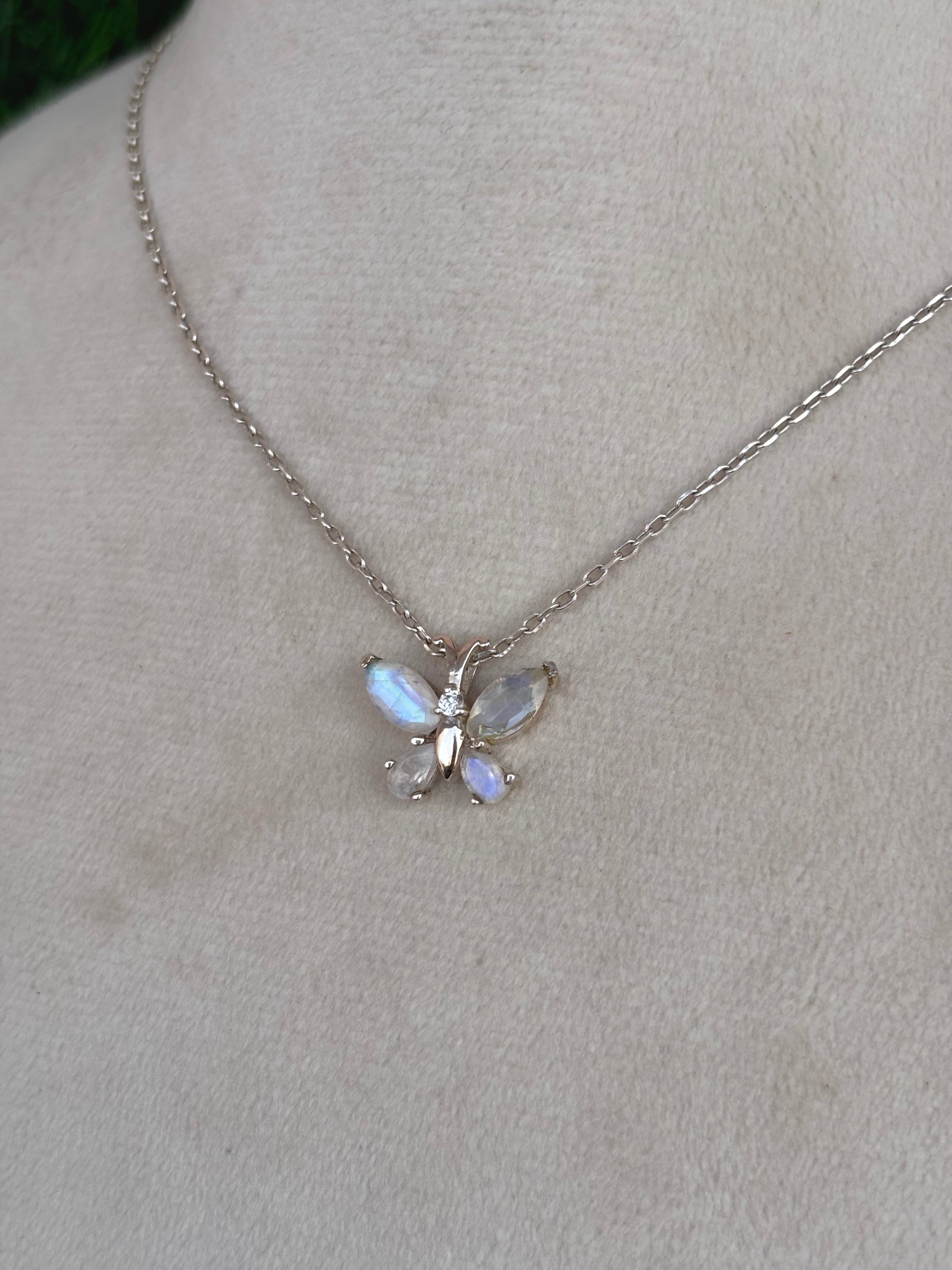 Rainbow Moonstone Butterfly Necklace in 92.5 Sterling Silver