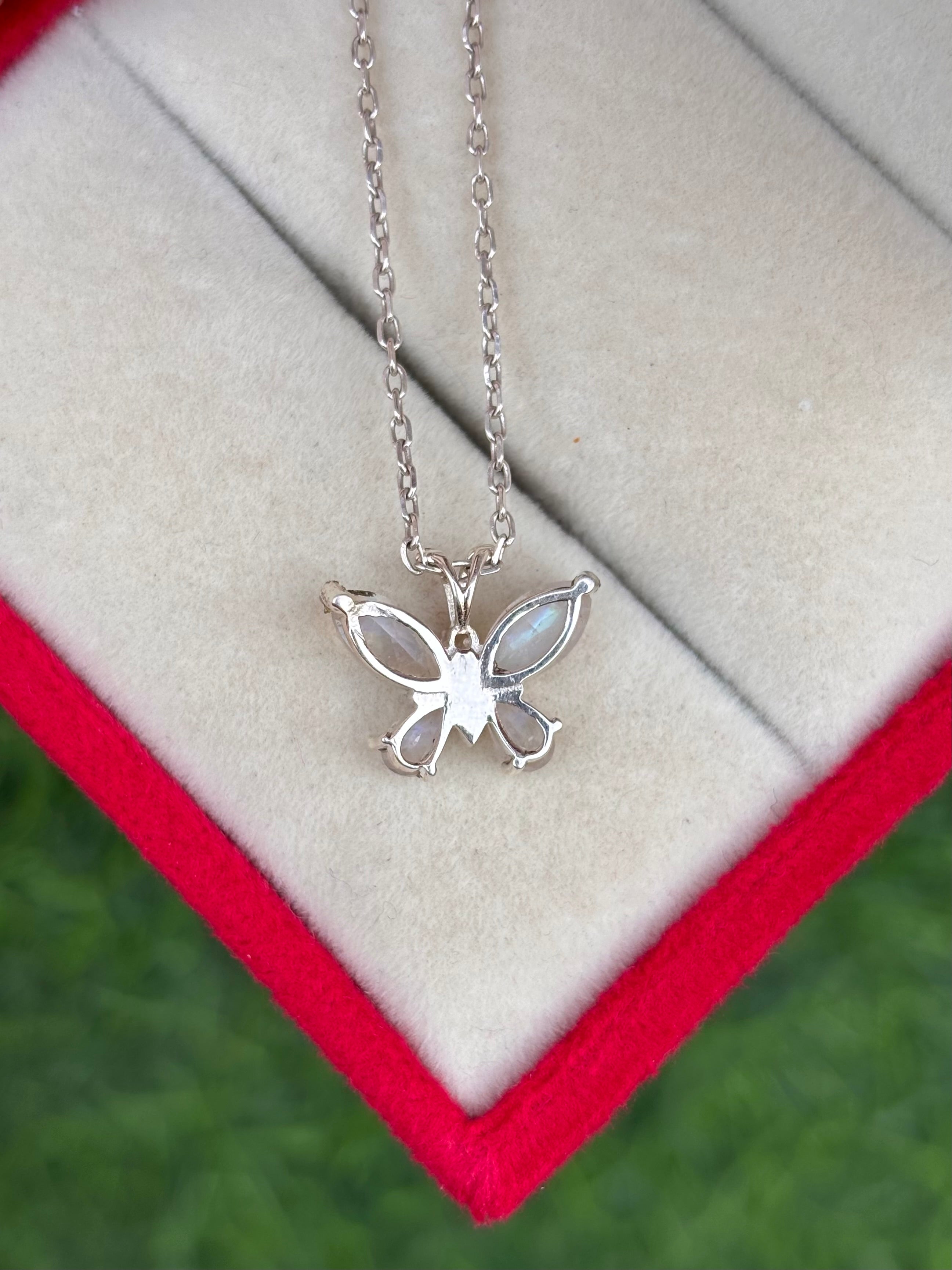 Rainbow Moonstone Butterfly Necklace in 92.5 Sterling Silver
