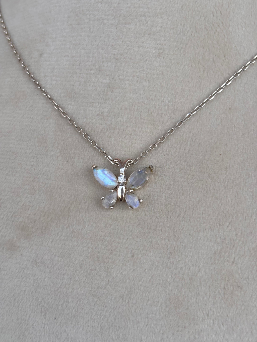 Rainbow Moonstone Butterfly Necklace in 92.5 Sterling Silver