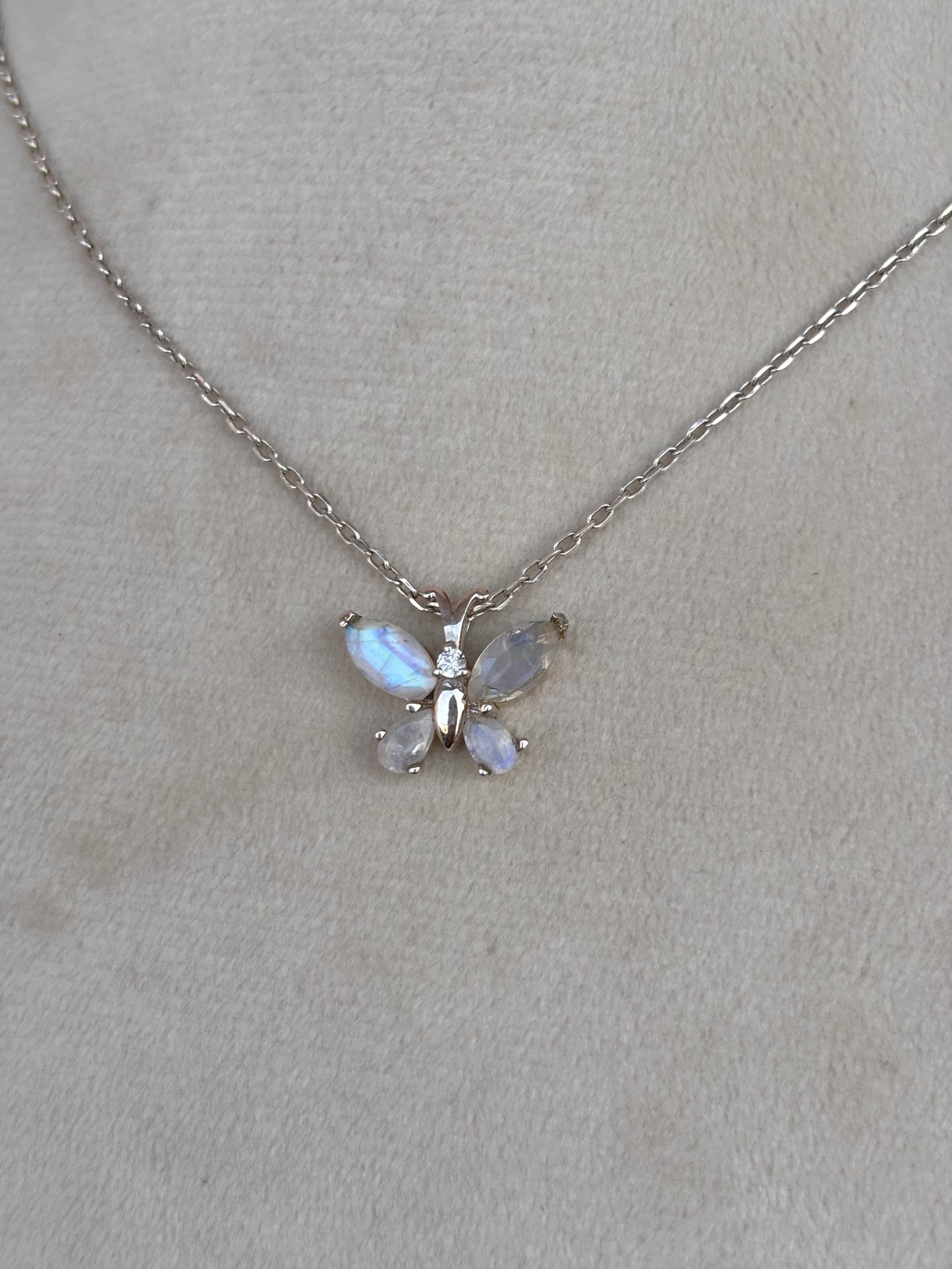 Rainbow Moonstone Butterfly Necklace in 92.5 Sterling Silver