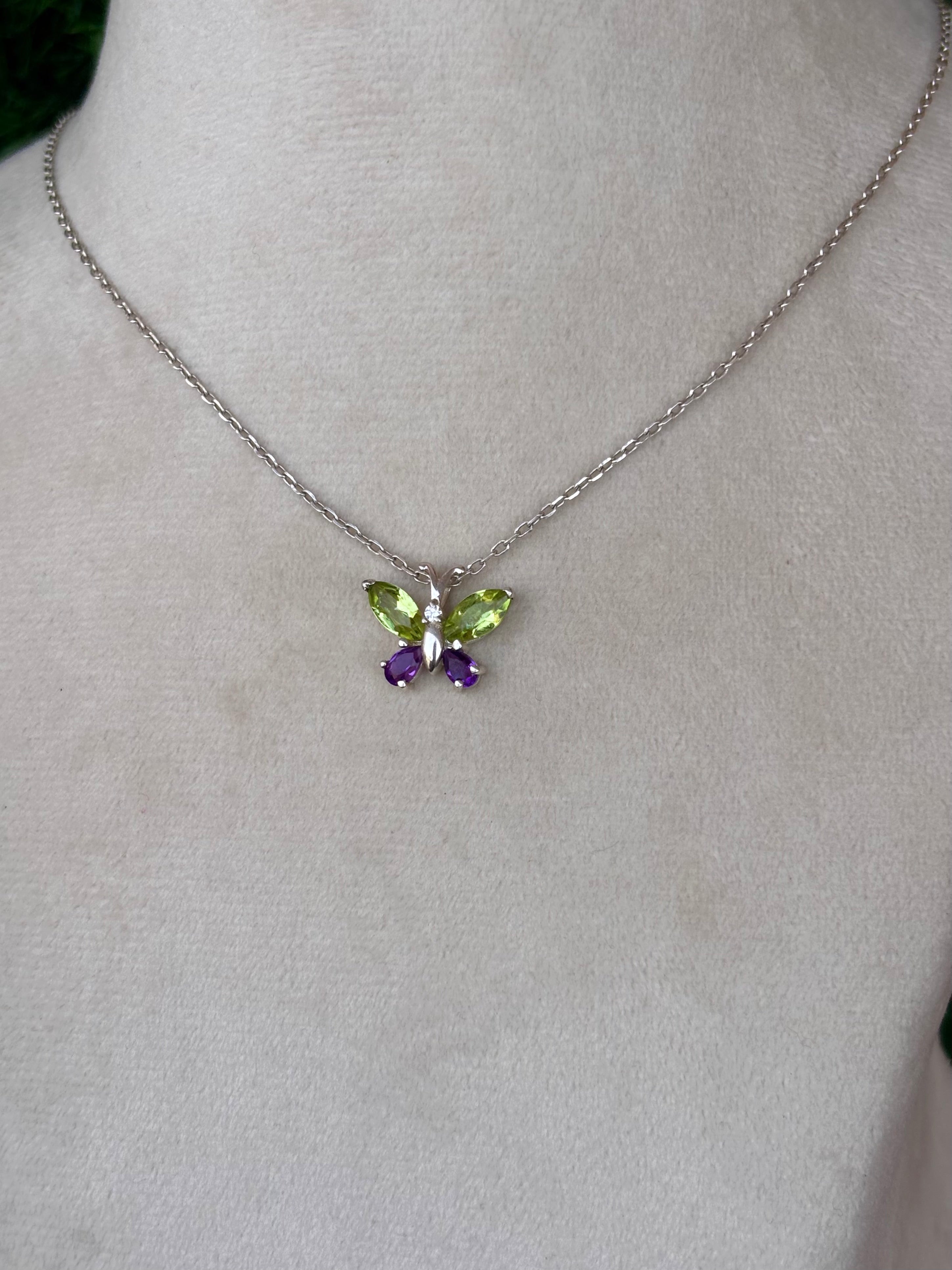 Peridot And Amethyst Butterfly Necklace in 92.5 Sterling Silver