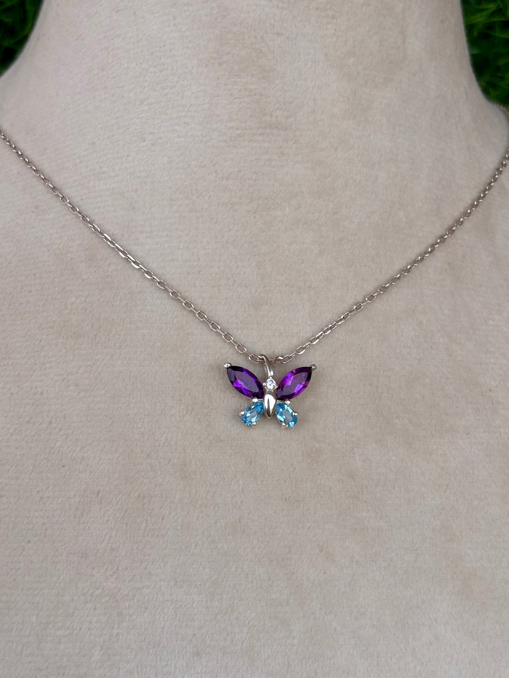 Blue Topaz And Amethyst Butterfly Necklace in 92.5 Sterling Silver