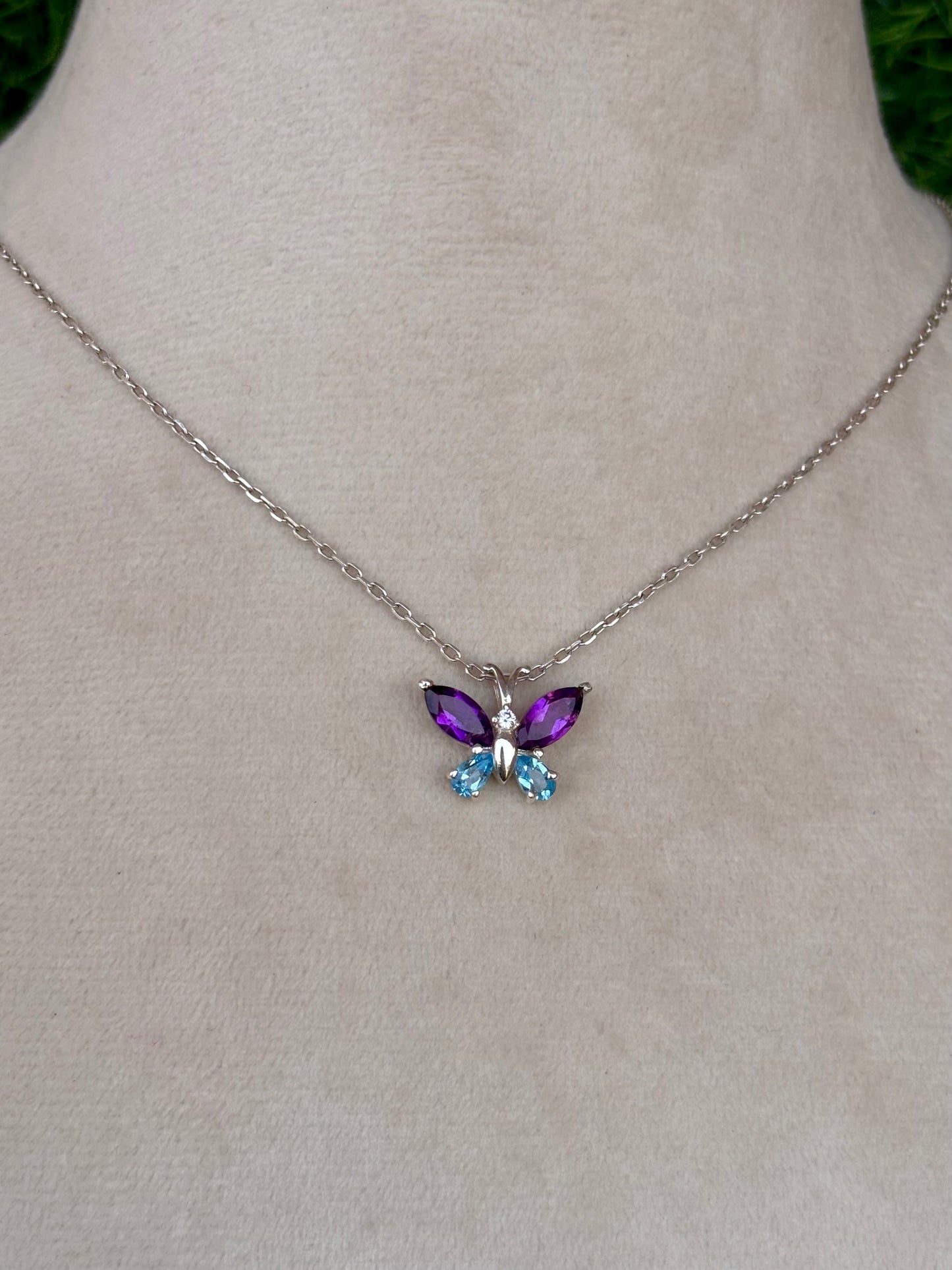 Blue Topaz And Amethyst Butterfly Necklace in 92.5 Sterling Silver