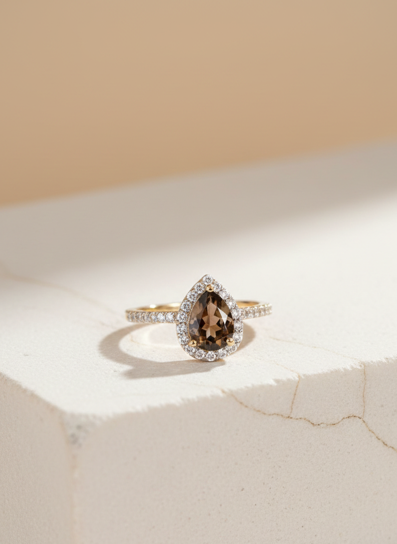 Smoky Quartz Pear Halo Ring in 92.5 Sterling Silver