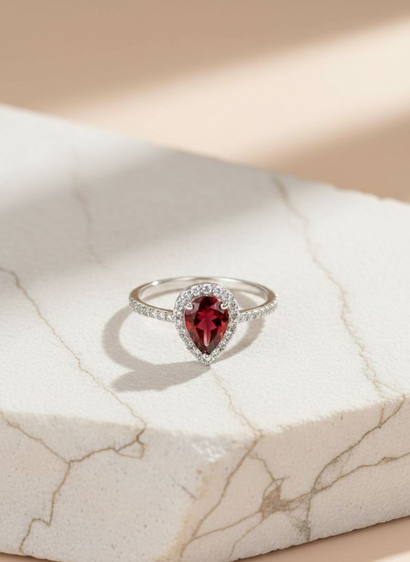 Pear-Cut Garnet Halo Ring in 92.5 Sterling Silver