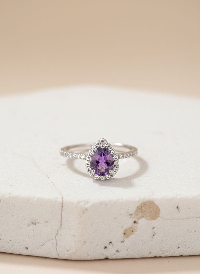 Pear Shape Amethyst Halo Ring in 92.5 Sterling Silver