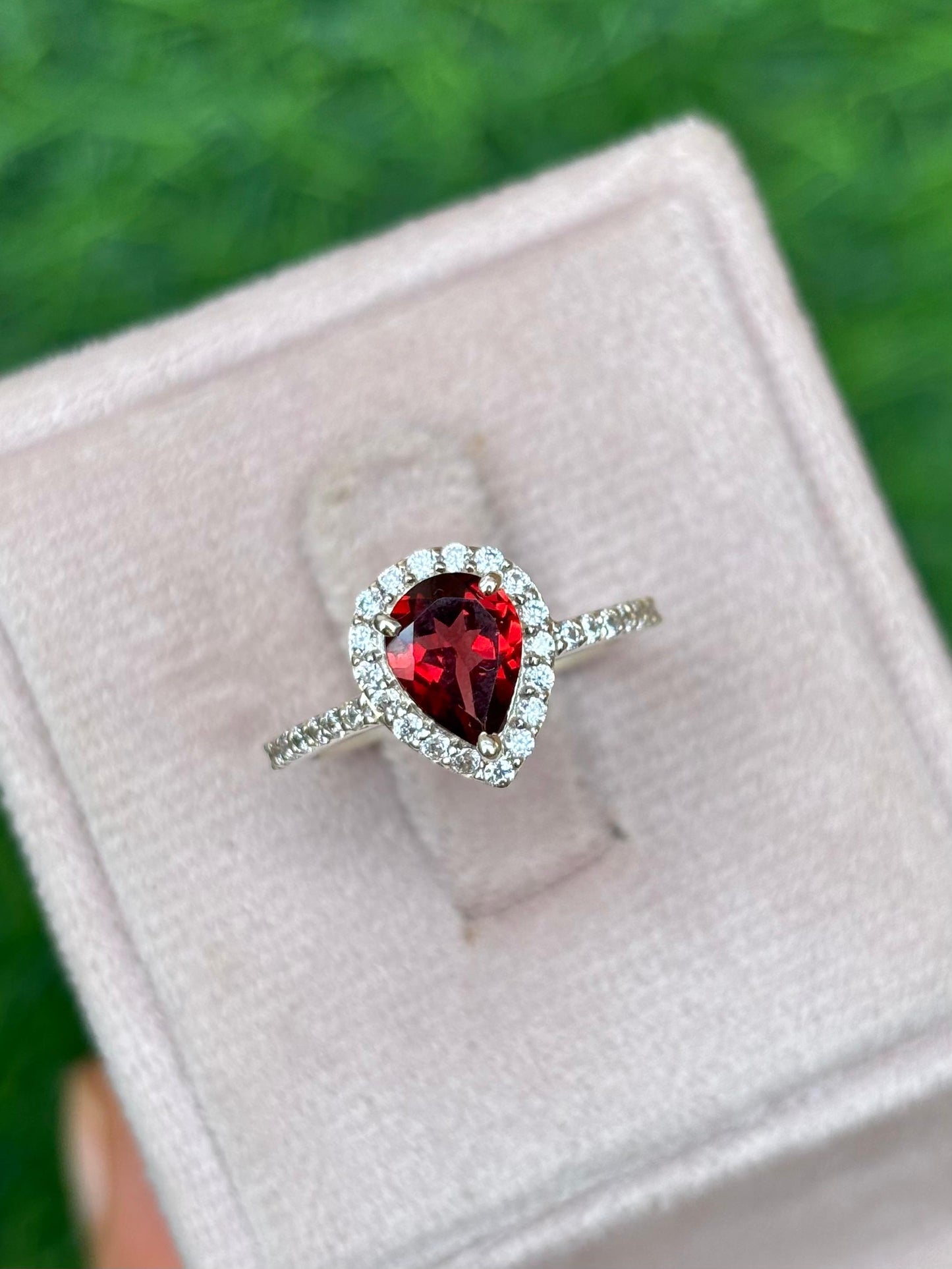 Pear-Cut Garnet Halo Ring in 92.5 Sterling Silver