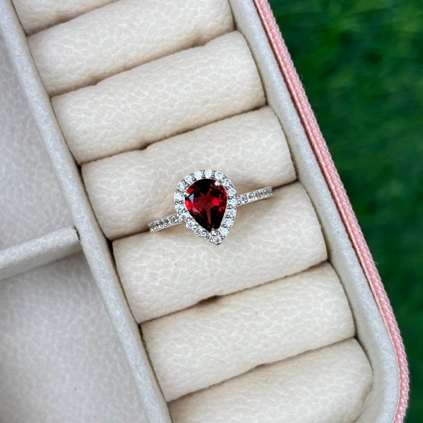 Pear-Cut Garnet Halo Ring in 92.5 Sterling Silver