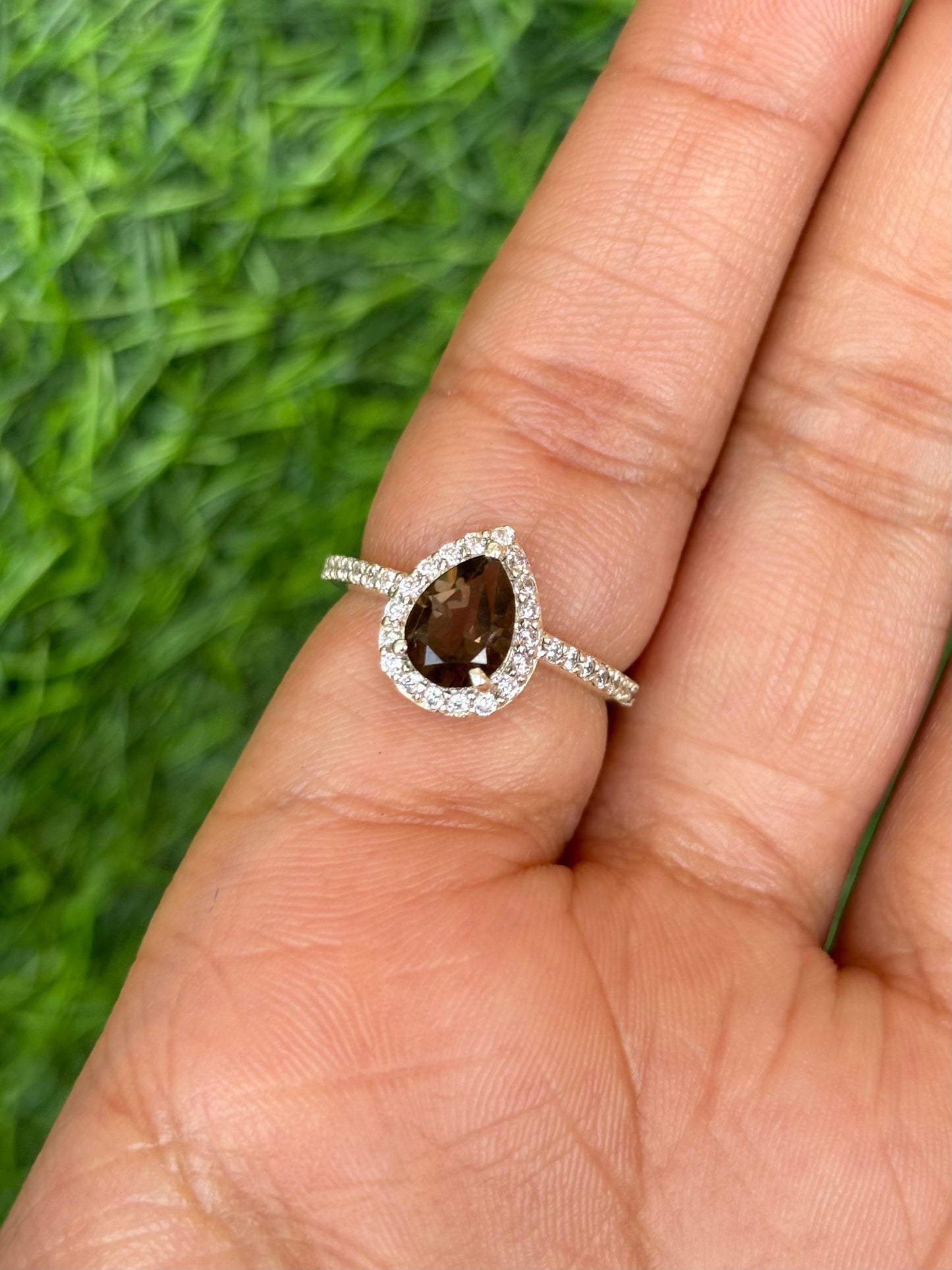 Smoky Quartz Pear Halo Ring in 92.5 Sterling Silver