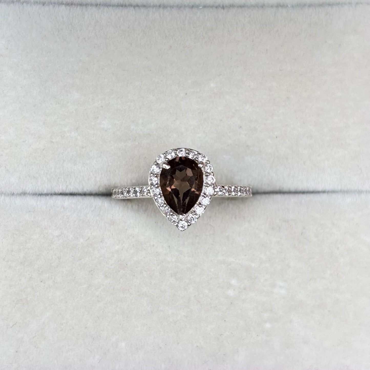 Smoky Quartz Pear Halo Ring in 92.5 Sterling Silver