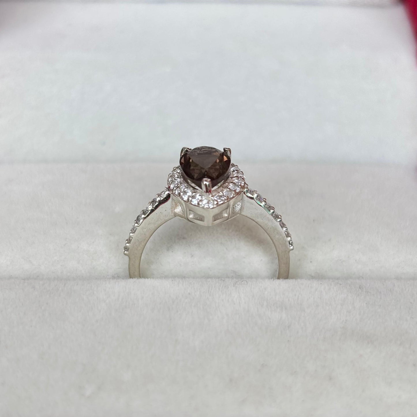 Smoky Quartz Pear Halo Ring in 92.5 Sterling Silver