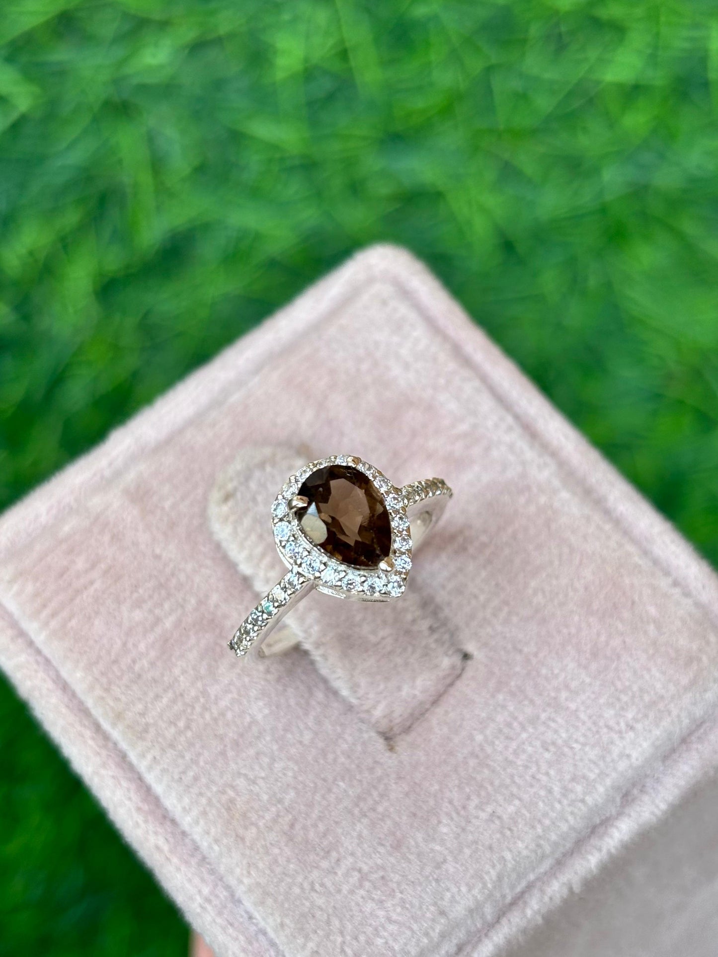 Smoky Quartz Pear Halo Ring in 92.5 Sterling Silver