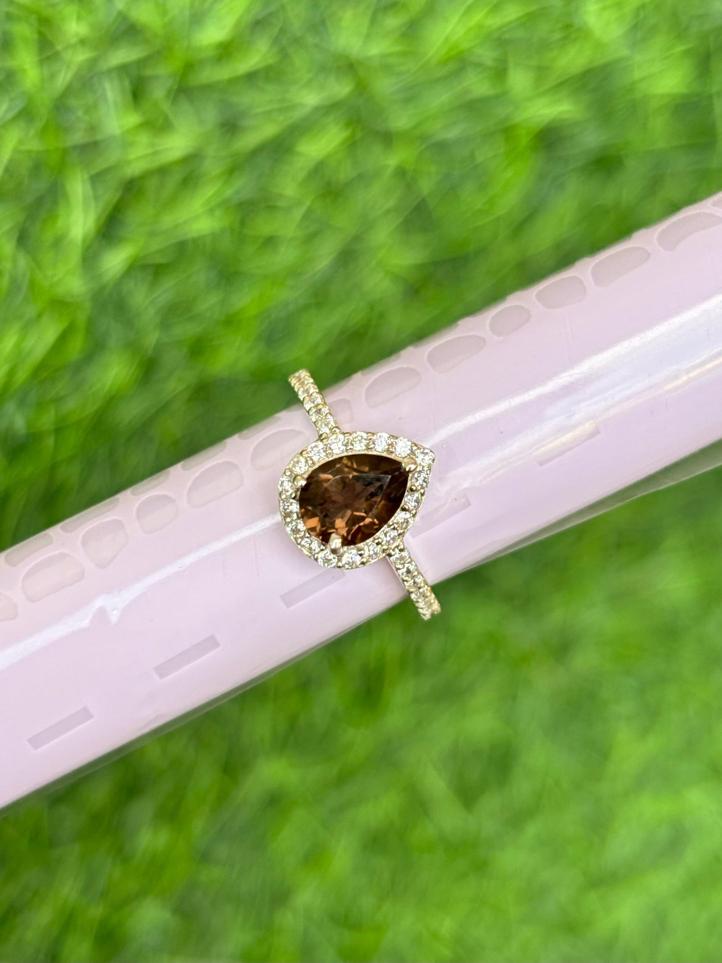 Smoky Quartz Pear Halo Ring in 92.5 Sterling Silver