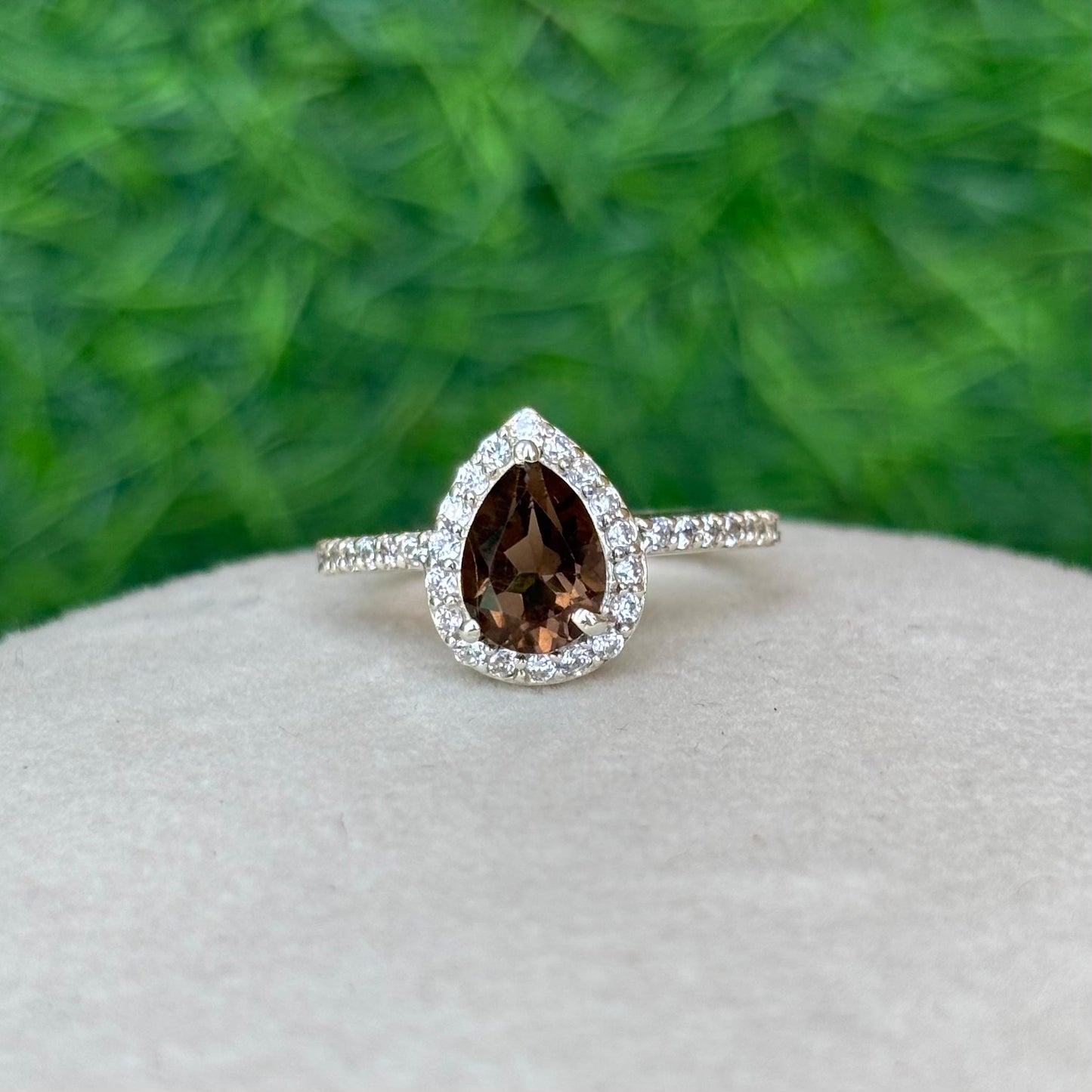 Smoky Quartz Pear Halo Ring in 92.5 Sterling Silver