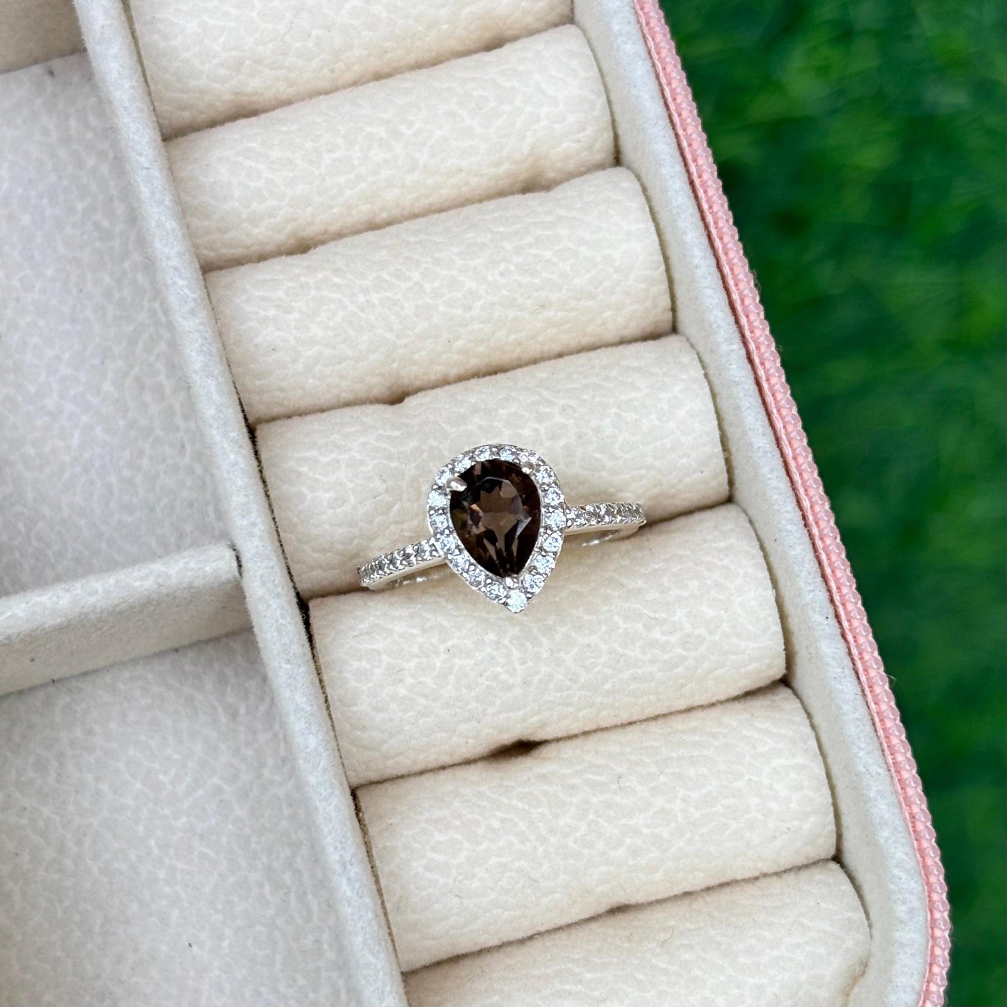 Smoky Quartz Pear Halo Ring in 92.5 Sterling Silver