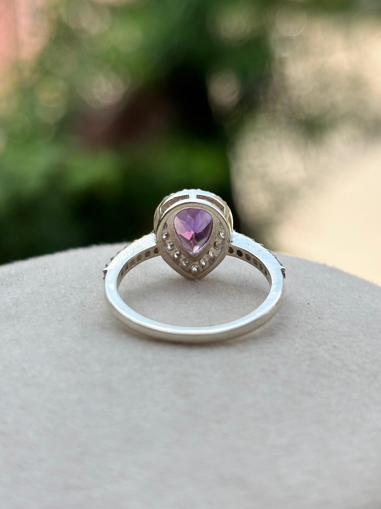 Pear Shape Amethyst Halo Ring in 92.5 Sterling Silver