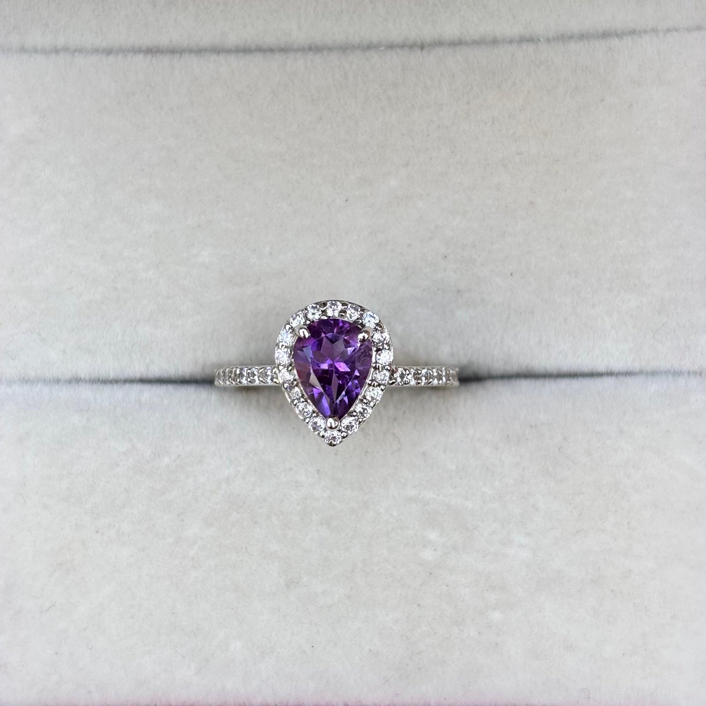Pear Shape Amethyst Halo Ring in 92.5 Sterling Silver