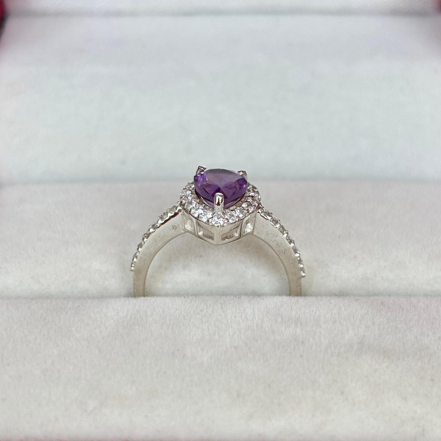 Pear Shape Amethyst Halo Ring in 92.5 Sterling Silver