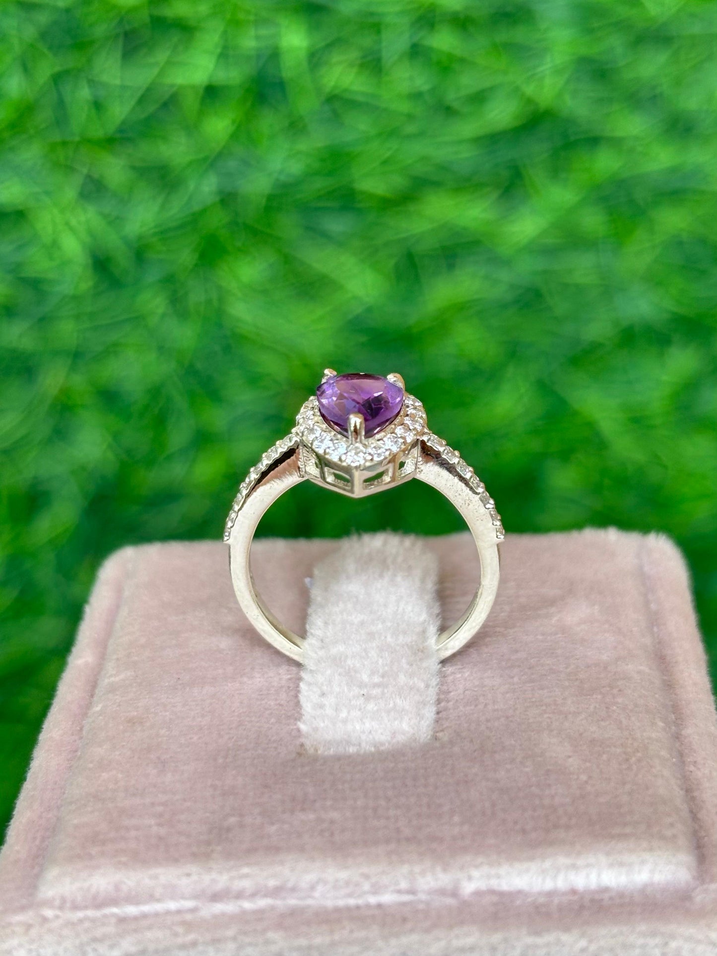 Pear Shape Amethyst Halo Ring in 92.5 Sterling Silver