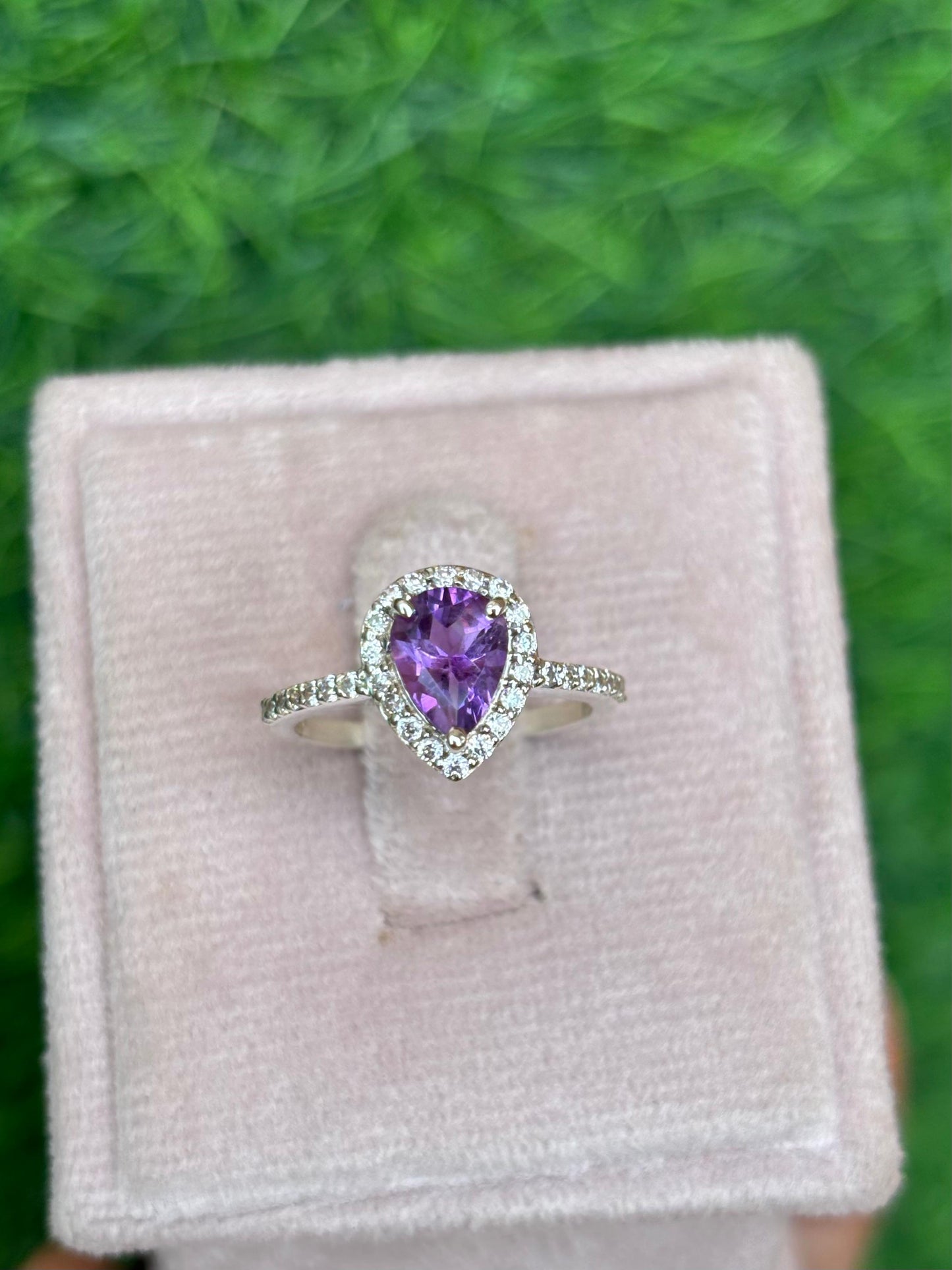 Pear Shape Amethyst Halo Ring in 92.5 Sterling Silver