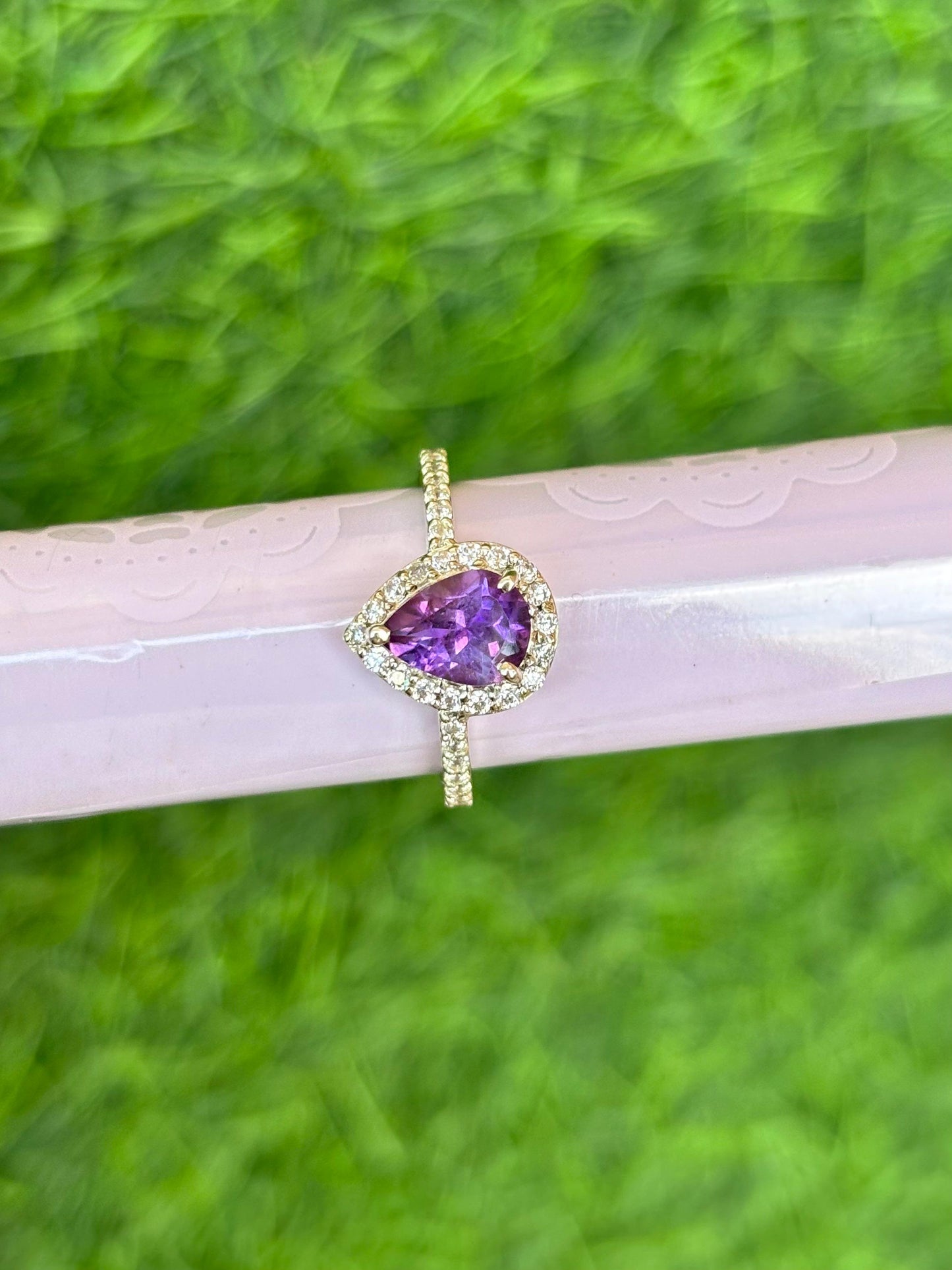 Pear Shape Amethyst Halo Ring in 92.5 Sterling Silver