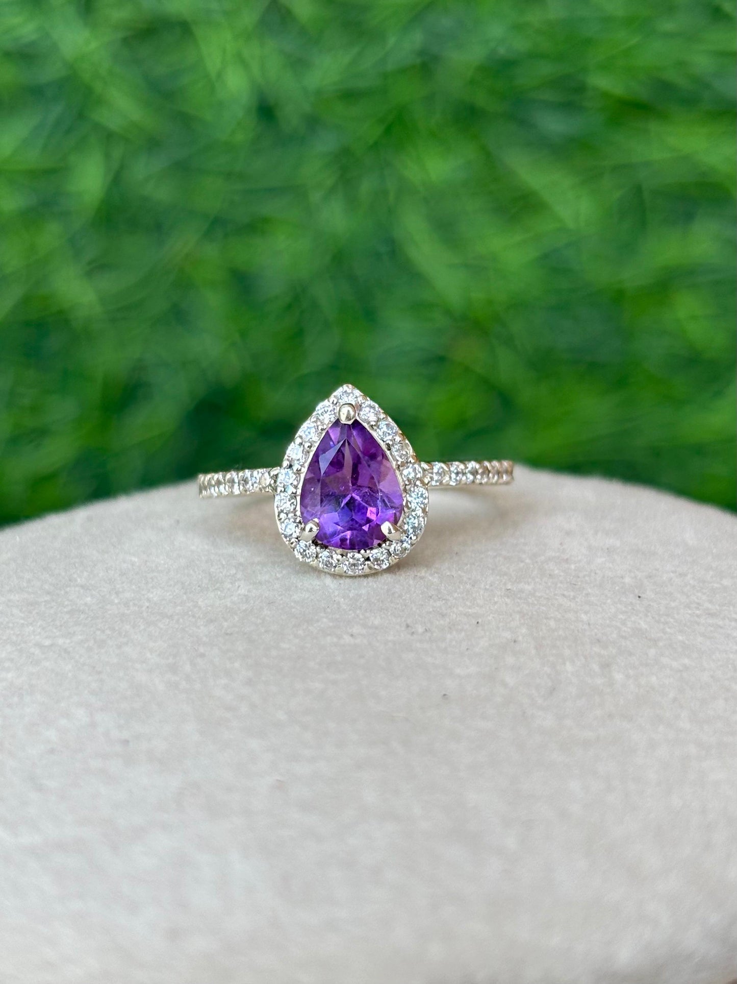 Pear Shape Amethyst Halo Ring in 92.5 Sterling Silver