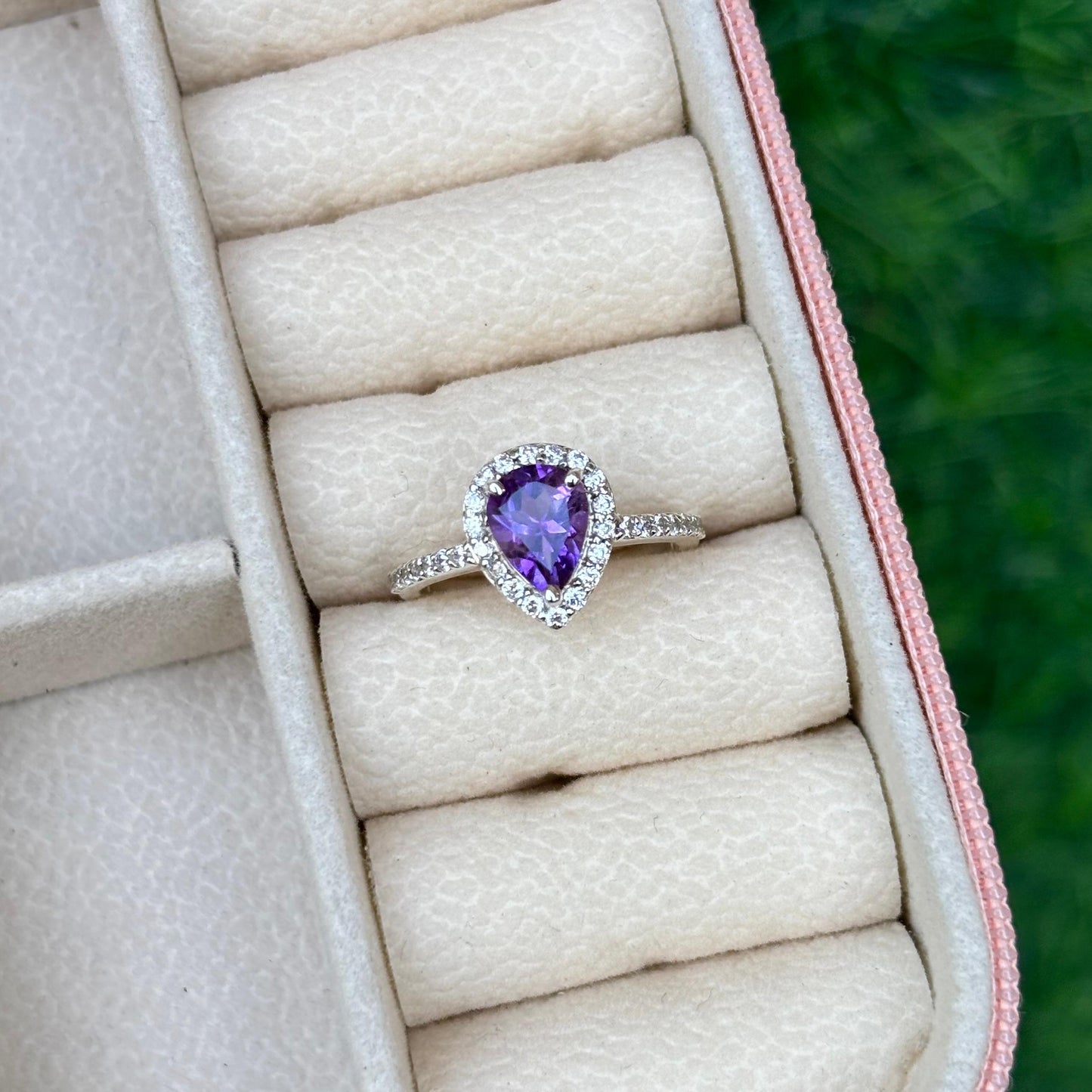 Pear Shape Amethyst Halo Ring in 92.5 Sterling Silver