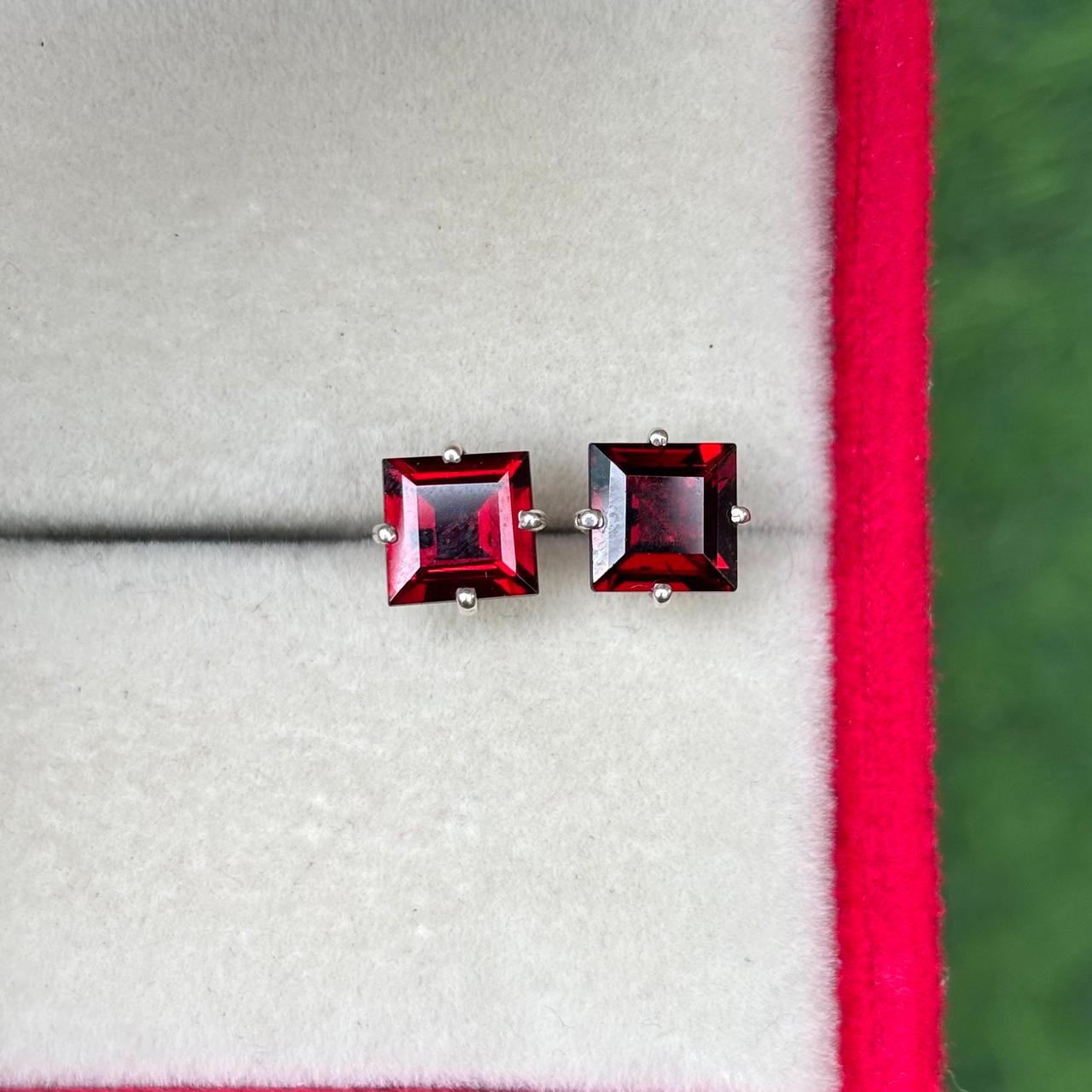 Square Garnet Stud Earrings