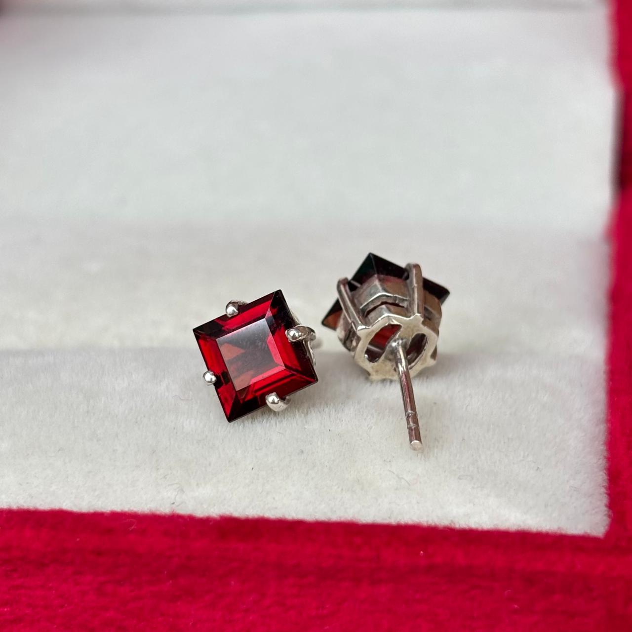 Square Garnet Stud Earrings