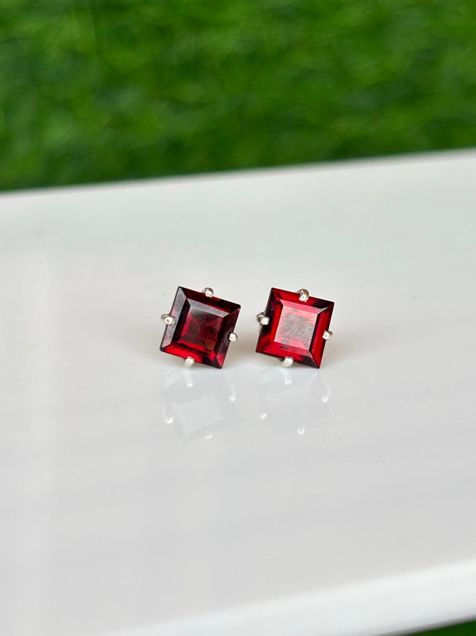 Square Garnet Stud Earrings