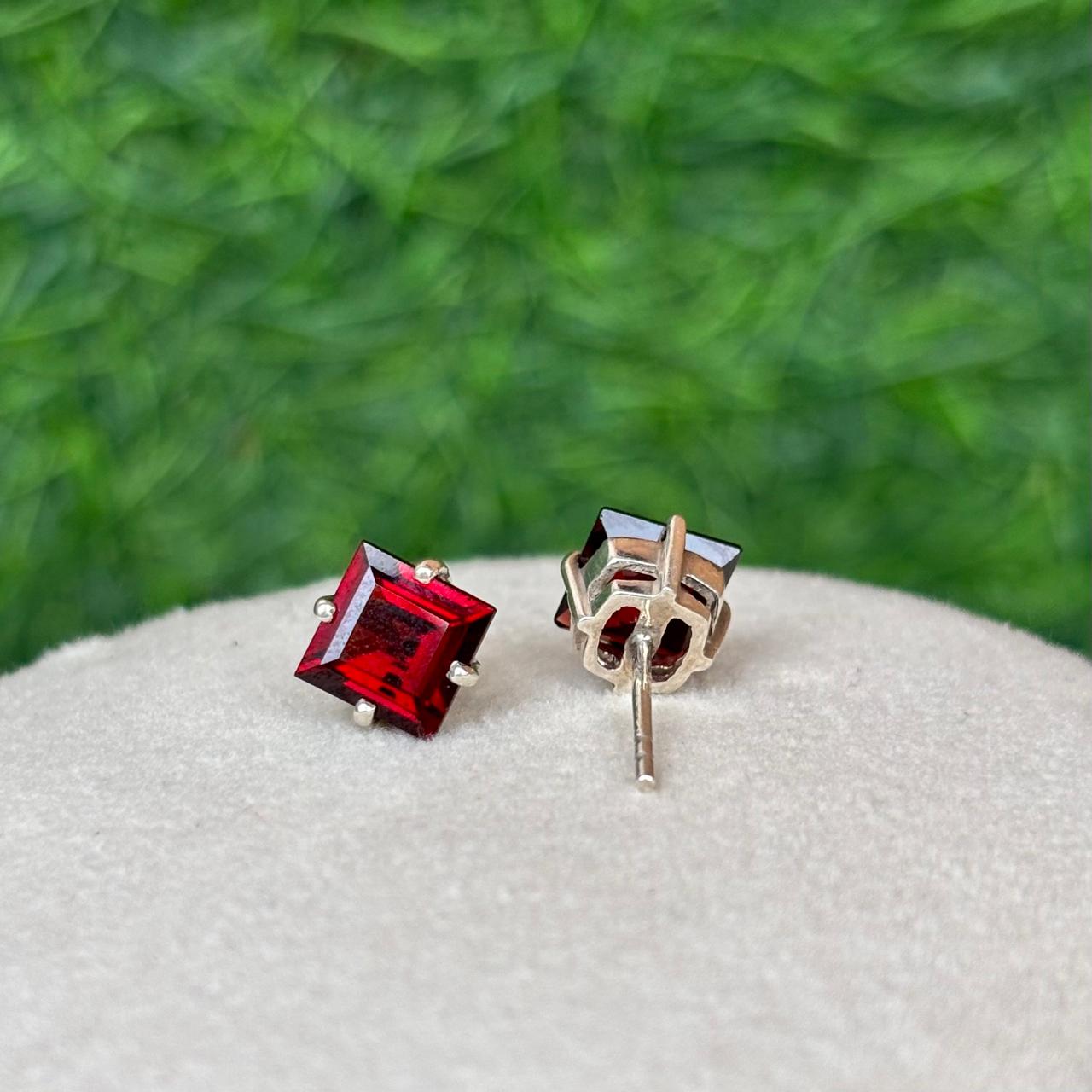 Square Garnet Stud Earrings
