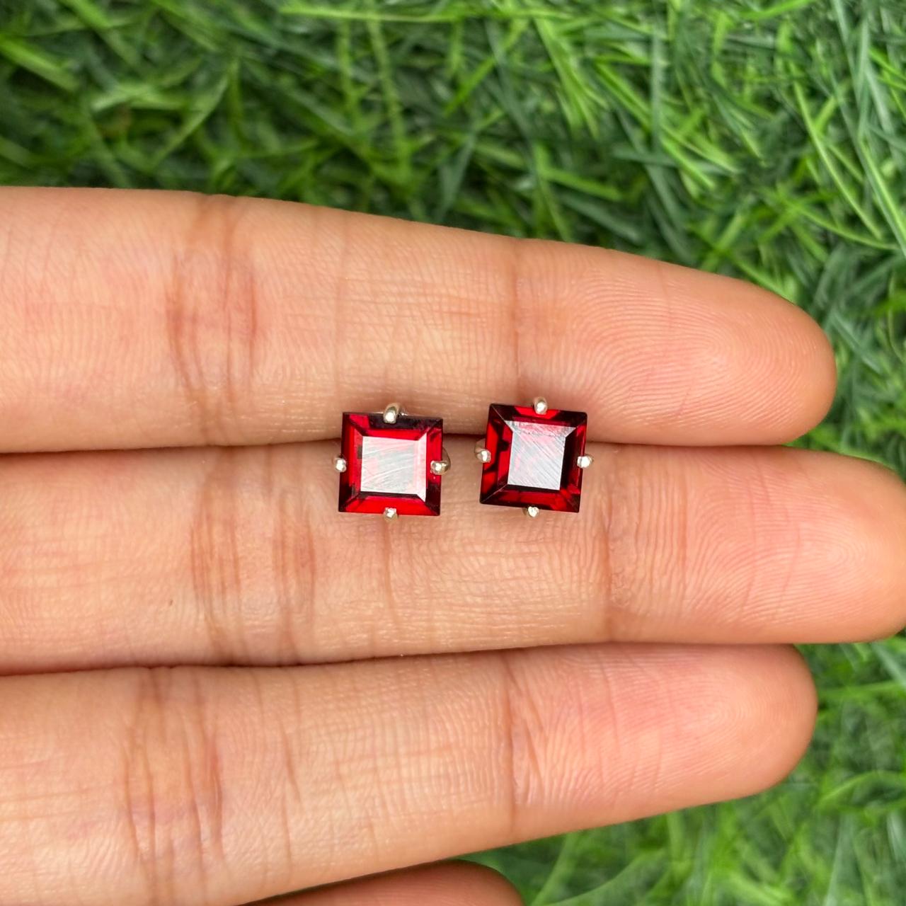 Square Garnet Stud Earrings