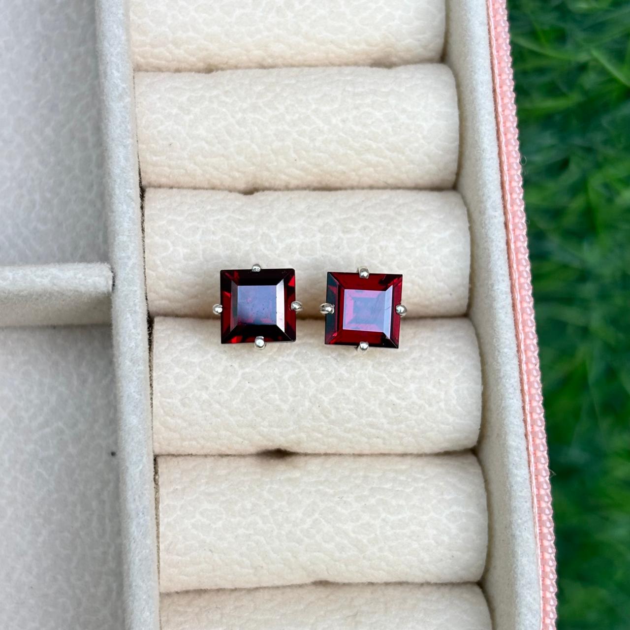 Square Garnet Stud Earrings