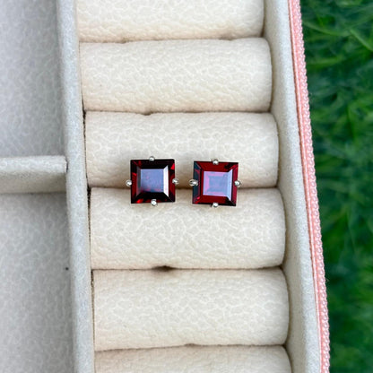 Square Garnet Stud Earrings