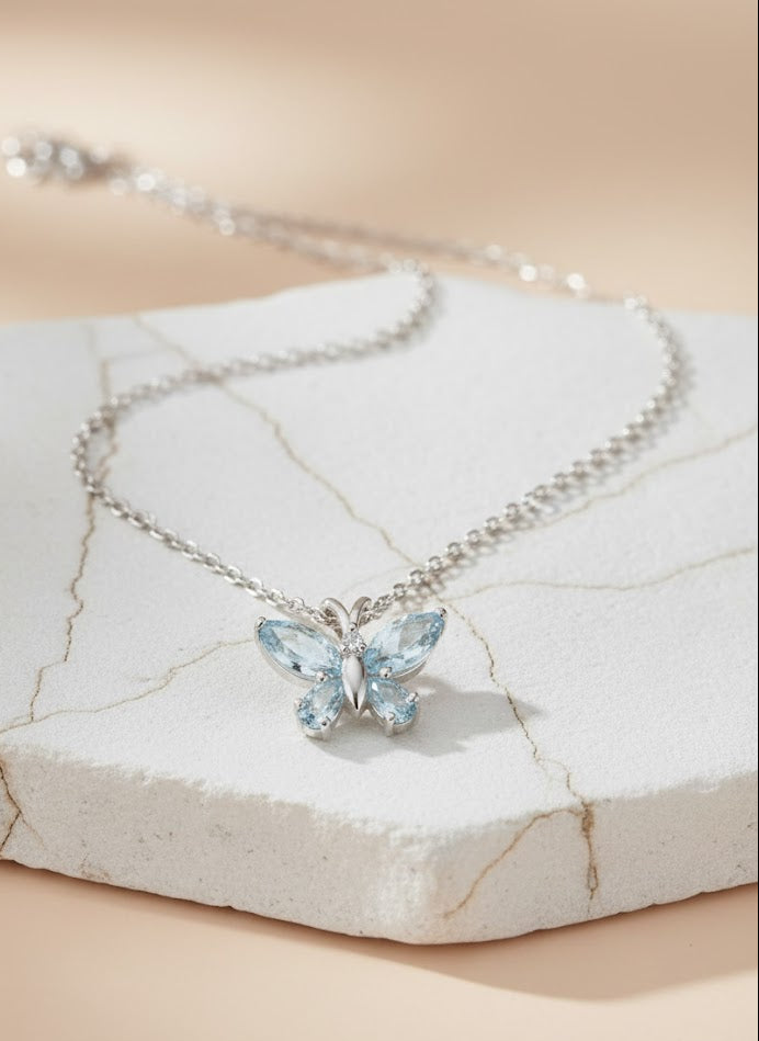 Aquamarine Butterfly Necklace in 92.5 Sterling Silver