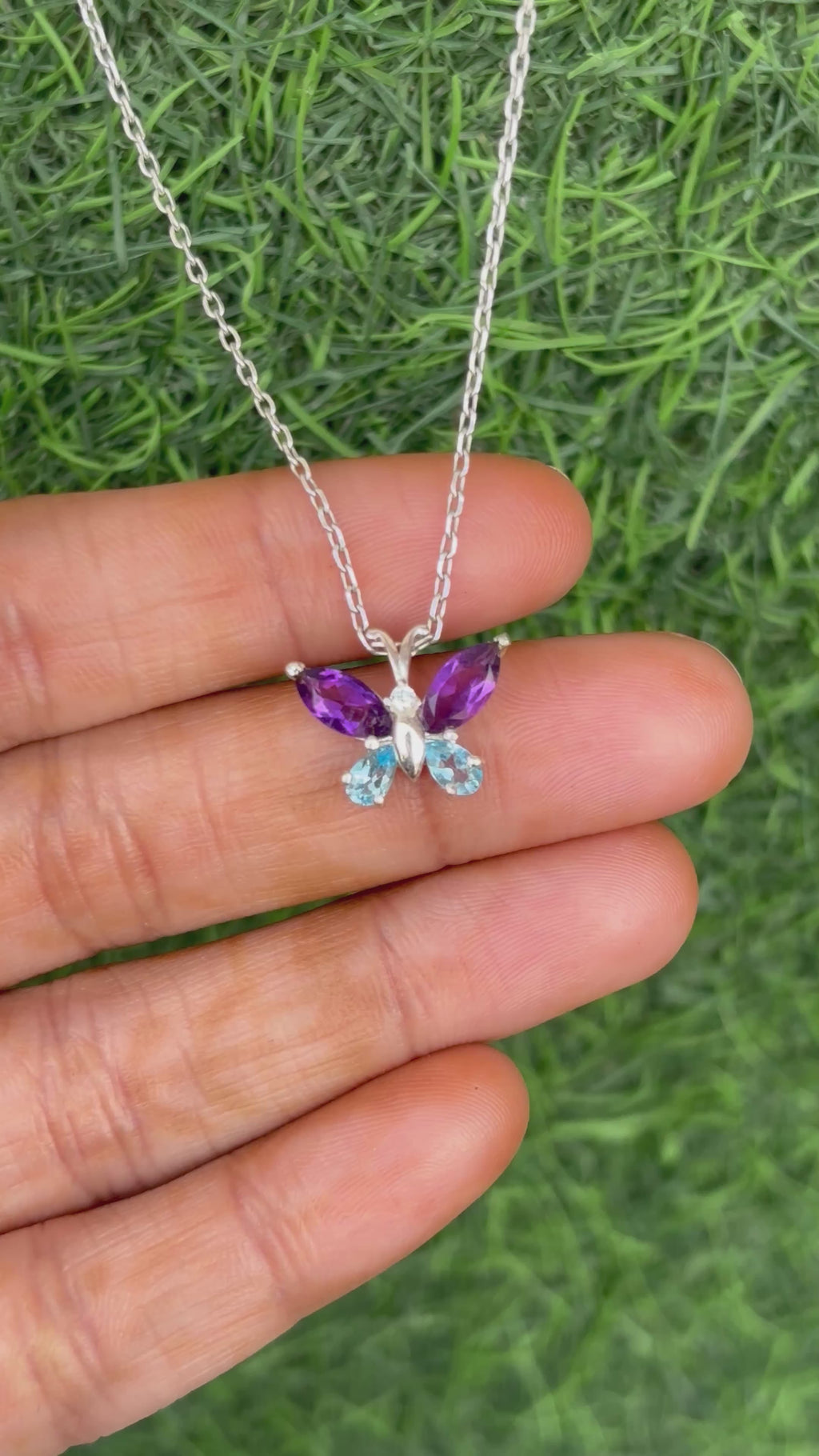 Blue Topaz And Amethyst Butterfly Necklace in 92.5 Sterling Silver