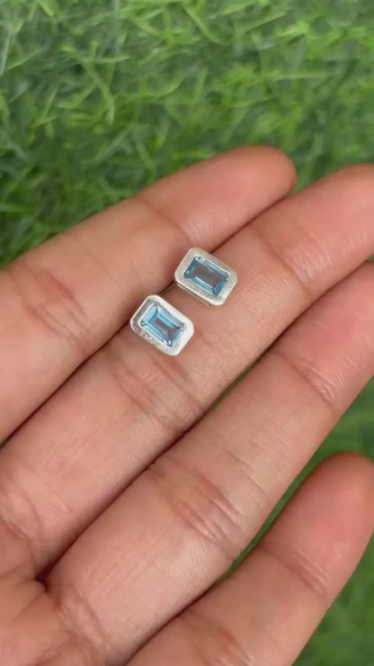 Blue Topaz Rectangle Stud Earrings