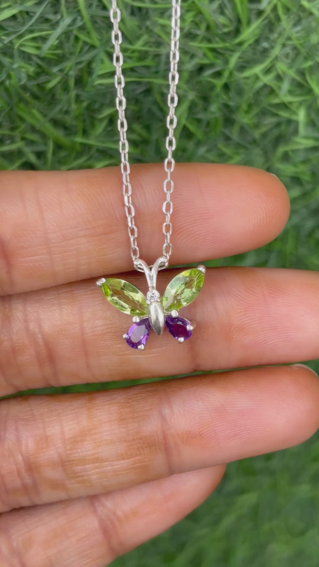 Peridot And Amethyst Butterfly Necklace in 92.5 Sterling Silver