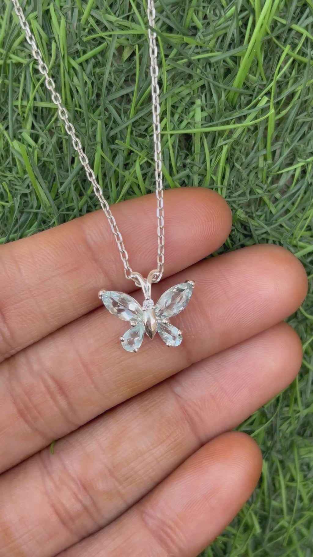 Aquamarine Butterfly Necklace in 92.5 Sterling Silver