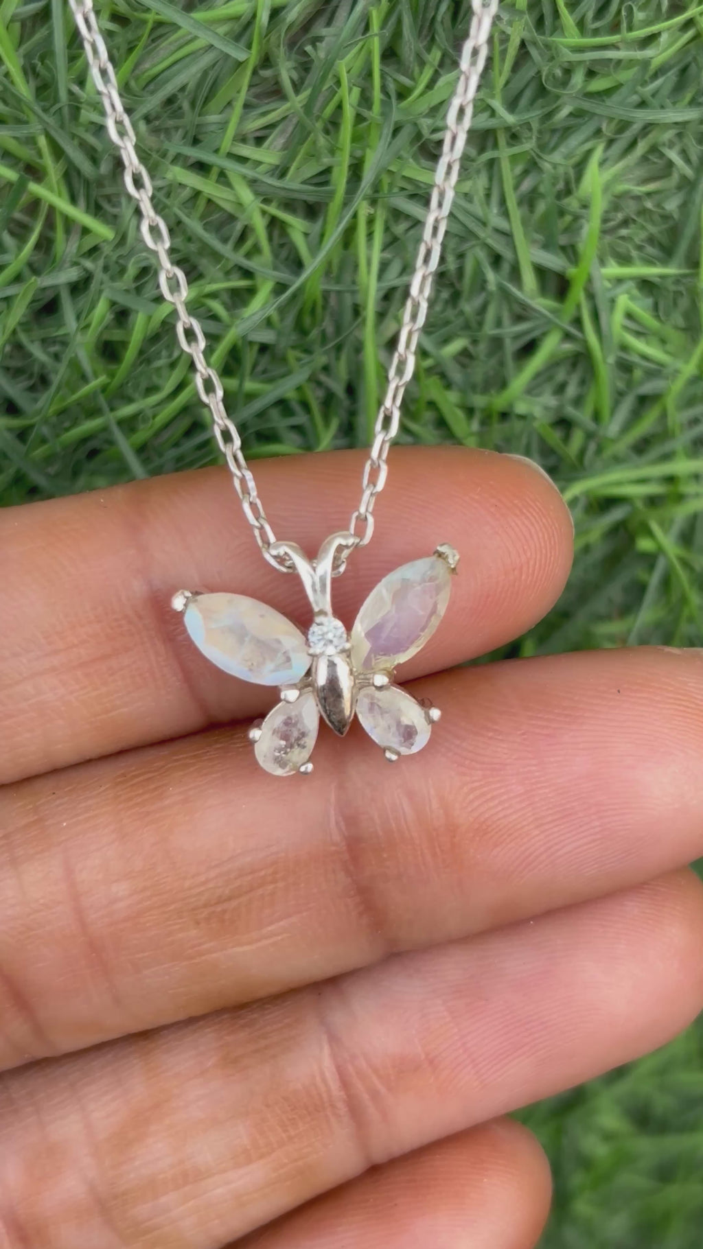 Rainbow Moonstone Butterfly Necklace in 92.5 Sterling Silver