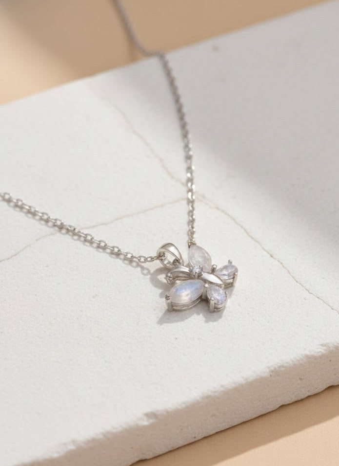 Rainbow Moonstone Butterfly Necklace in 92.5 Sterling Silver